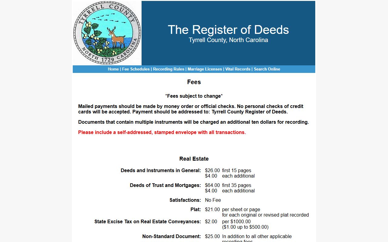 Tyrrell County Clerk of Superior Court Register of Deeds fee schedule