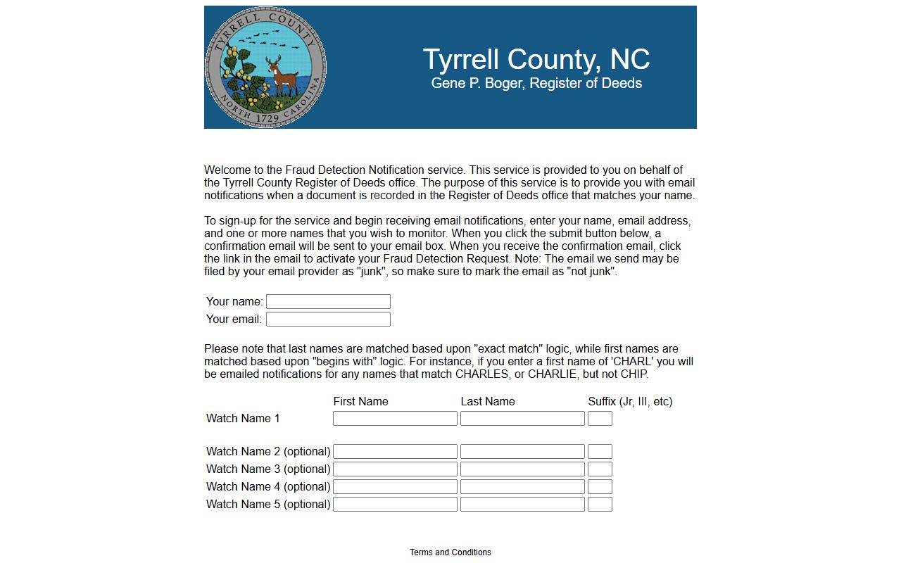 Tyrrell County Clerk of Superior Court related fraud alert sign-up