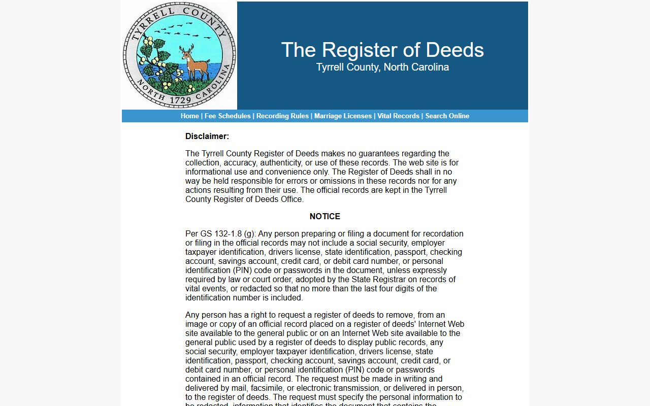 Tyrrell County Clerk of Superior Court records redaction notice