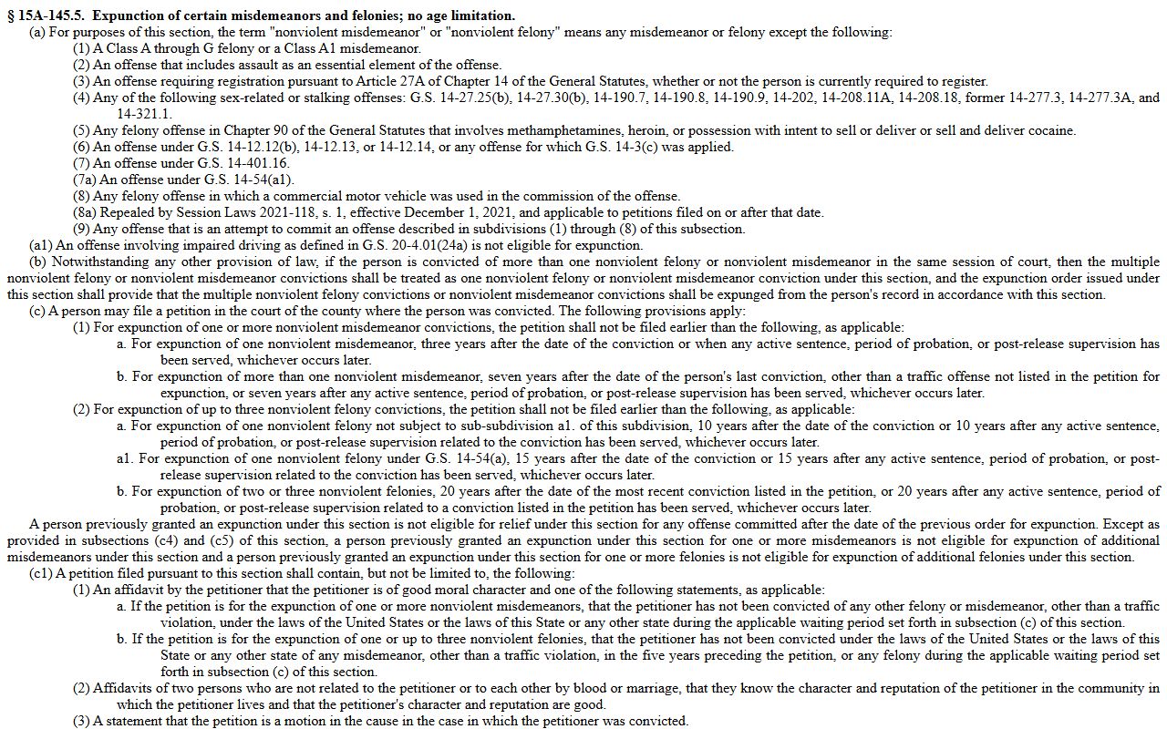 Tyrrell County criminal court records North Carolina expunction statute