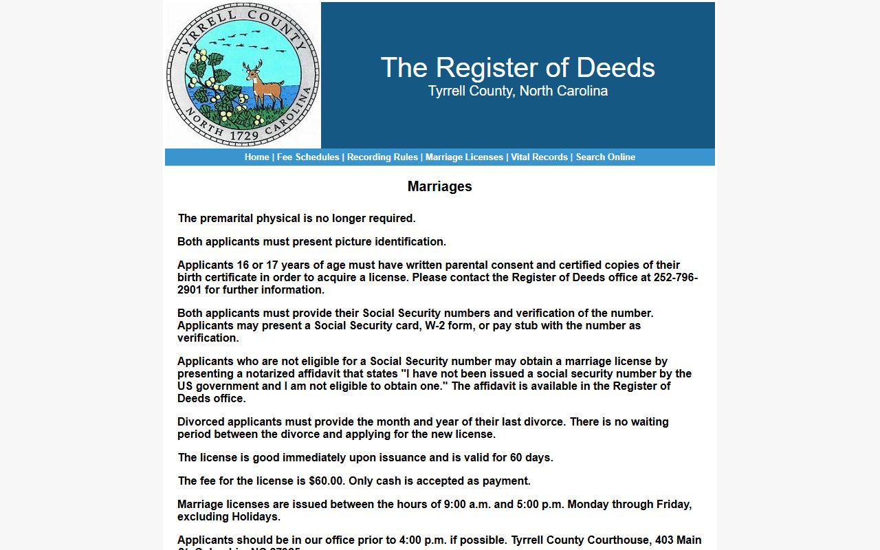 Tyrrell County marriage records license requirements