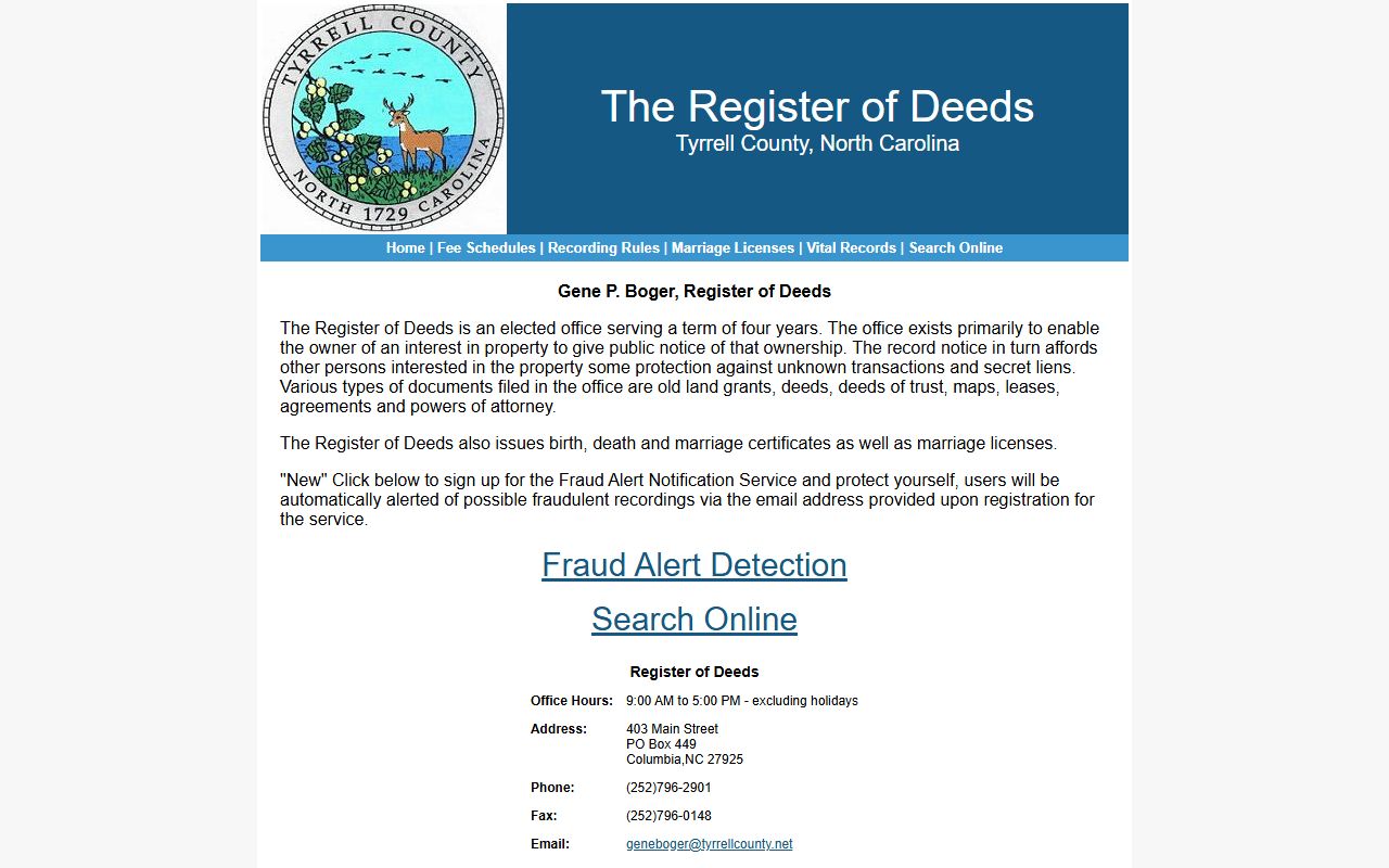 Tyrrell County marriage records Register of Deeds page
